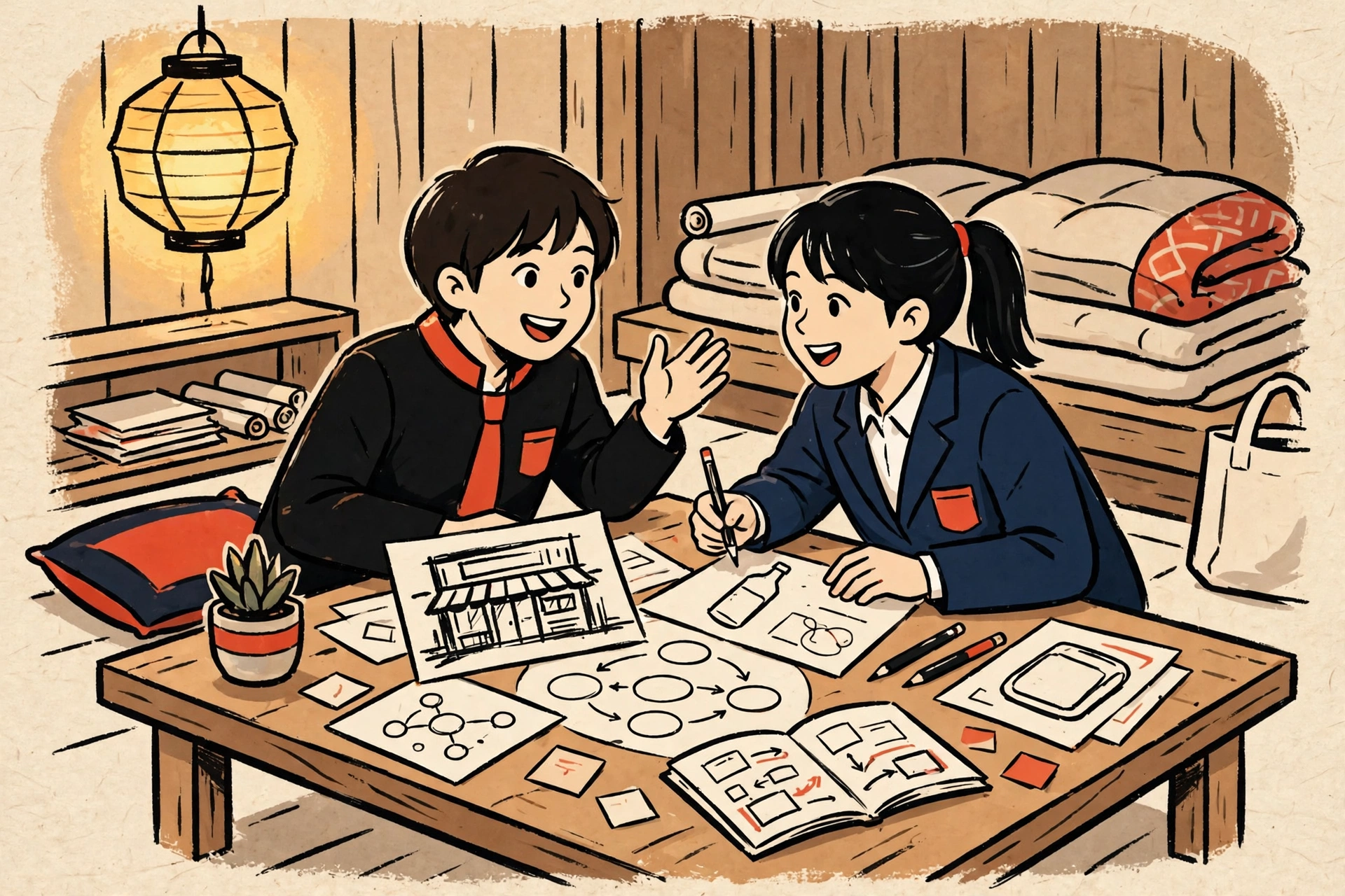 アジトで事業計画を練る学生たち