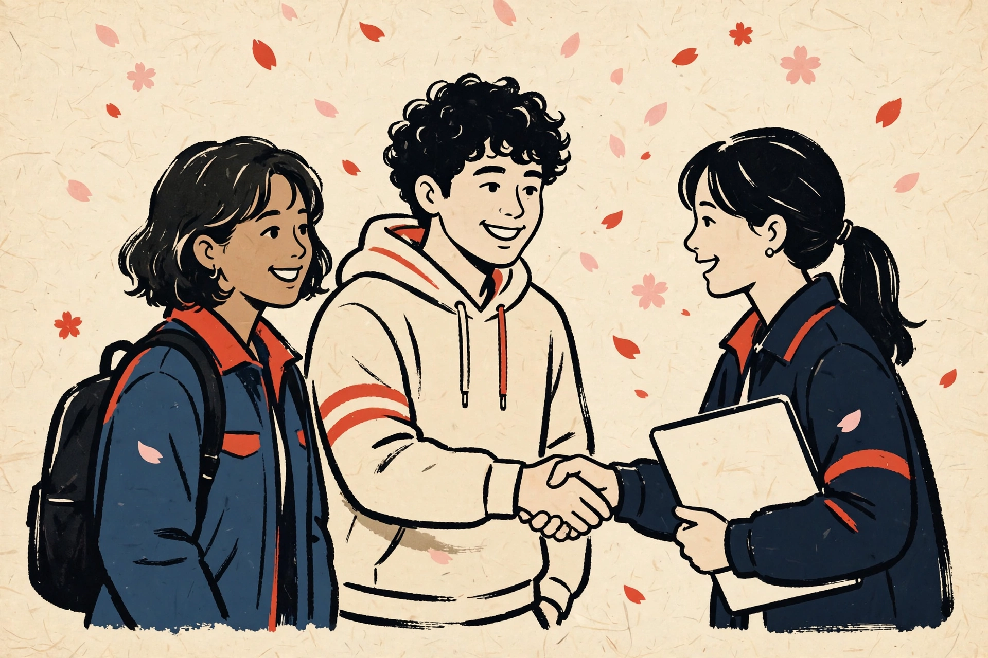 出会って握手する学生たち